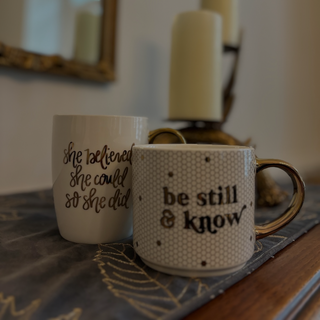 Be Still and Know - Gold, White Tile Coffee Mug - 17 oz